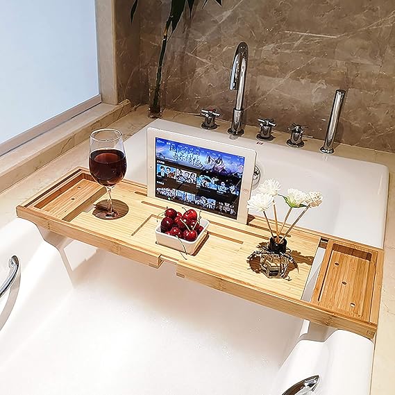 ZTHHS Bamboo Bath Tub Rack Shelf, Multifunctional Bathtub Tray, Bath