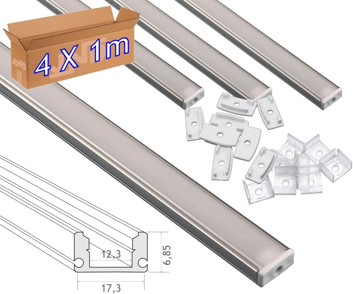 JANDEI - 4 * 1 metro Perfil aluminio tira led superficie con tapa traslúcida 12,3x6,08mm