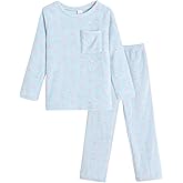 Hupohoi Girls Round Neck Flannel Pajama Sets Winter Long Sleeve Long Pants Cattoon Plush Sleepwear Nighty Size 8 to 16