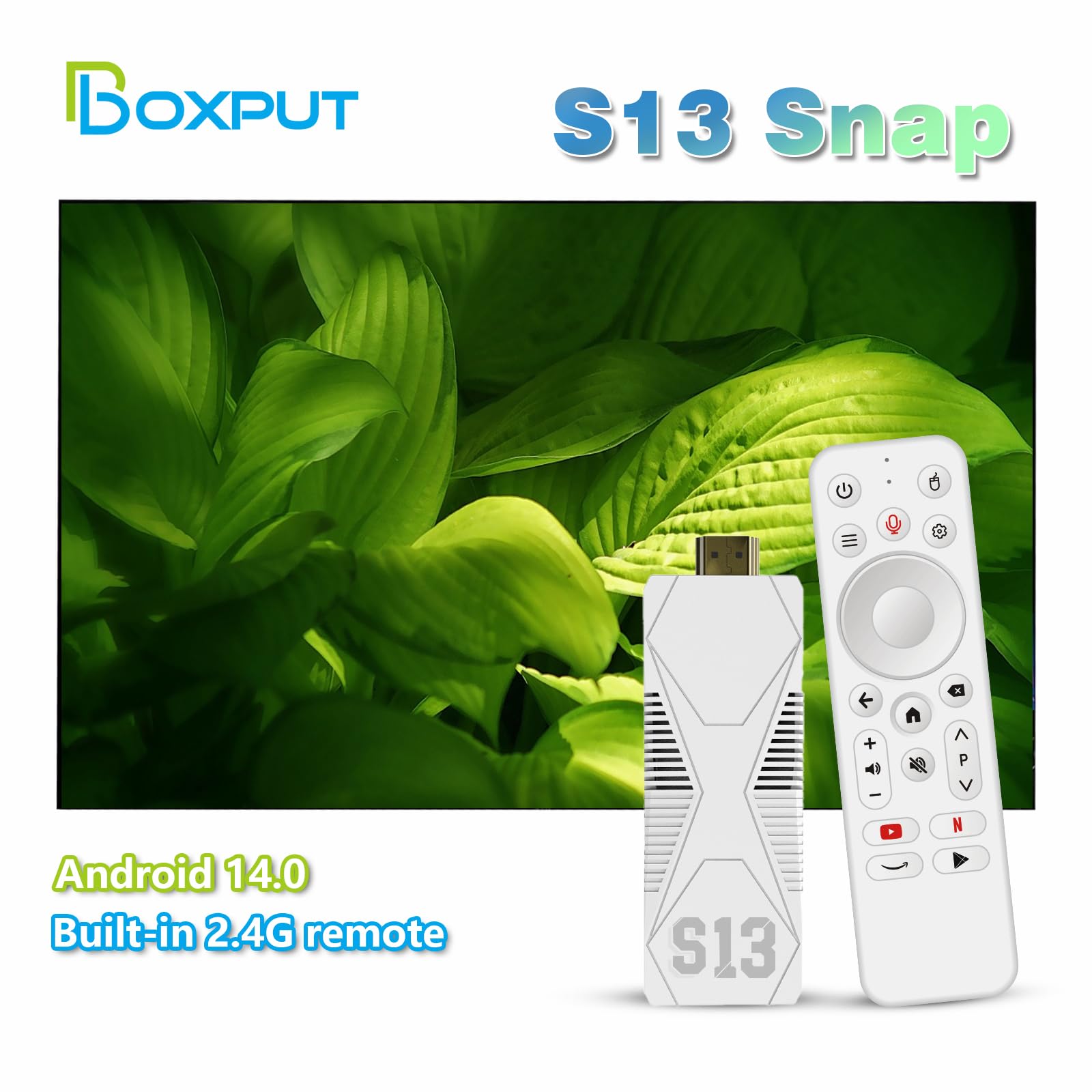 Boxput S13 Snap Android TV Stick Android 14 Streaming Device RK3518 Quad Core 2GB RAM 16GB ROM Dual Band WiFi 2.4G Voice Remote Control Smart TV Dongle with Gift Dust Bag