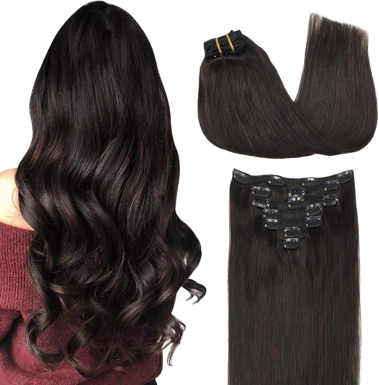 GOO GOO Clip in Human Hair Extensions, 16inch 120g 7pcs, Hair Extensions Clip in, 2 Dark Brown