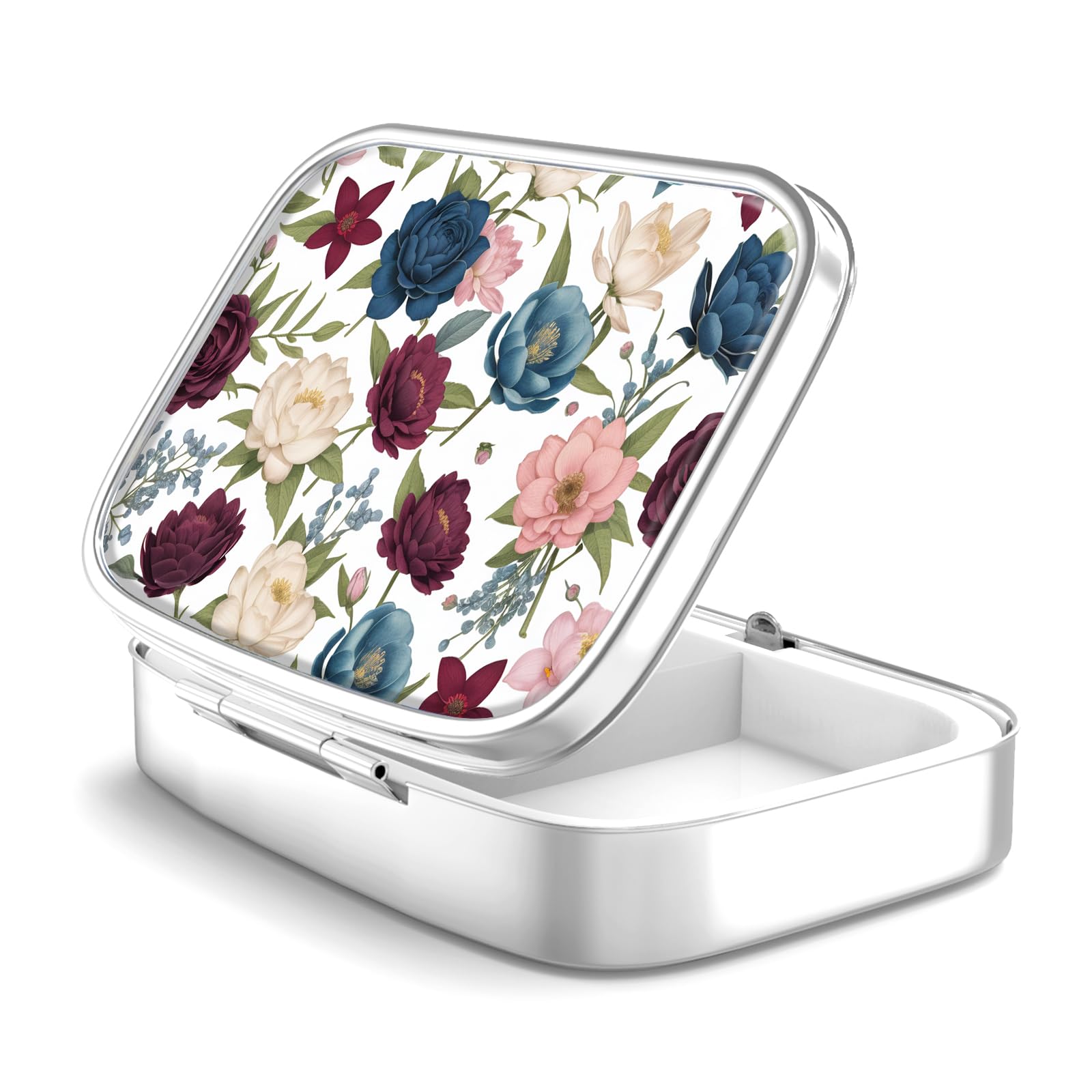 Pill Box 2 Compartment Medicine Pill Case,Portable for Pocket or Purse Pill Box Decorative Metal Medicine Vitamin Organizer Unique Gift(Garden Flowers)