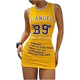 BEAUDRM Women's Jersey Dress Number Letter Graphic Jersey Dress Y2k Crew Neck Sleeveless Bodycon Mini Tank Dresses Streetwear