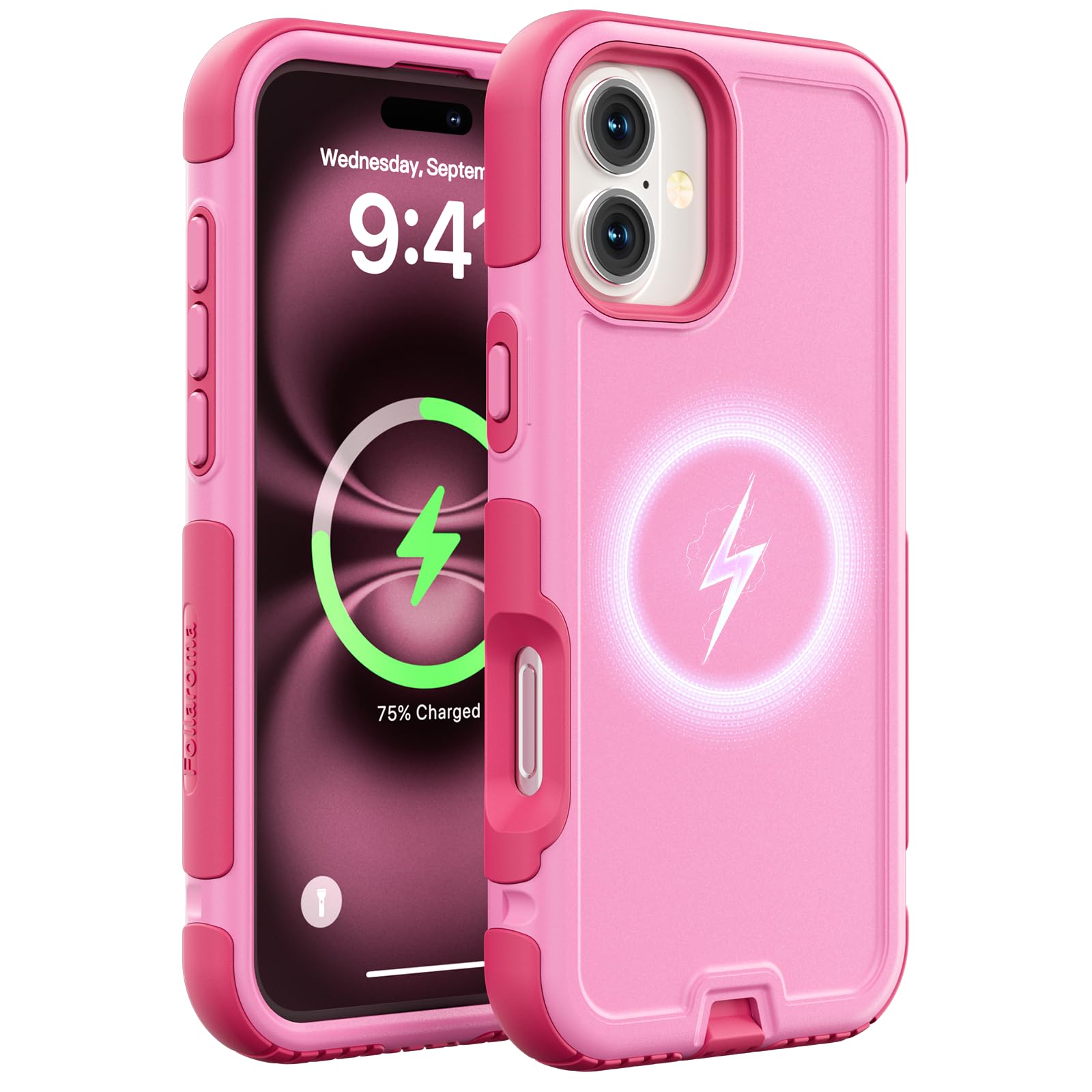 Follaroma for iPhone 16 Case, Compatible with MagSafe, Heavy Duty Shockproof Protective Phone Case, Anti-Drop Protection, Dual Layer Magnetic Phone Cover for iPhone 16, 6.1", Pink