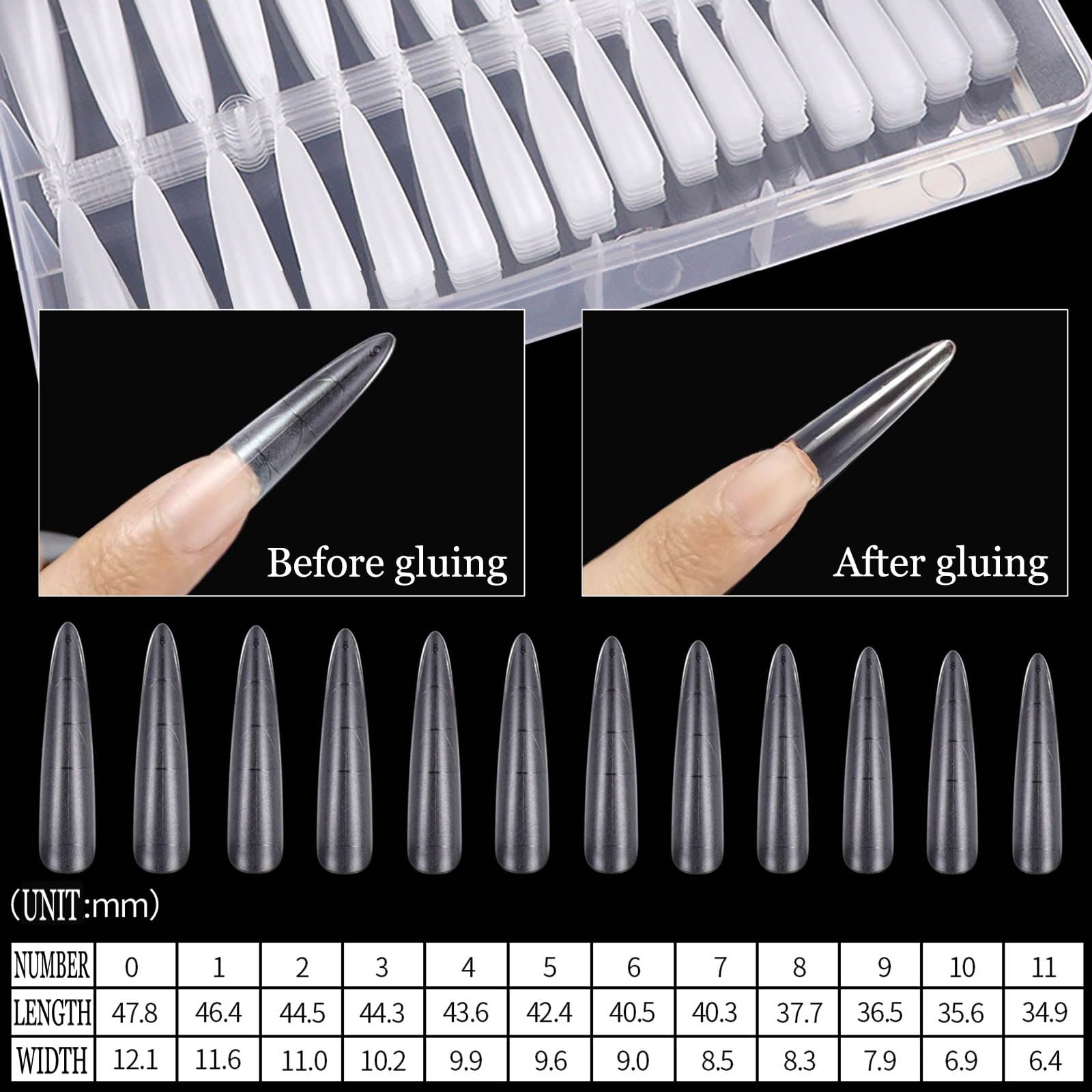 QQPPOLIU Fake Nails,320 Pcs Xxl Long False Nails 2024 with Auxiliary Line Clear Base Acrylic Long Almond Shape Artificial Nails High Heels Shape Trimmable Ultra-Thin Soft Full Cover Nails Kits - Image 6