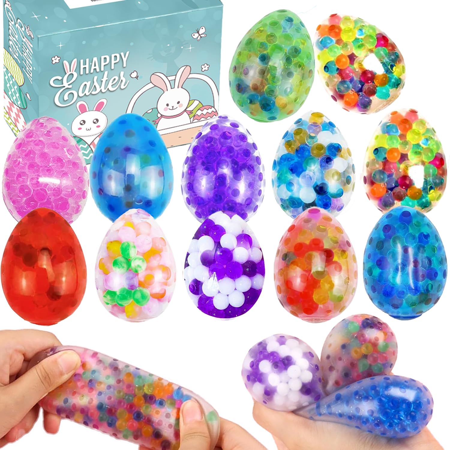 12Pcs Easter Eggs Stress Balls, Easter Basket Stuffers, Easter Egg Fillers, Prefilled Easter Eggs Stuffers with Toys, Squishy Egg Squeeze Stress Balls for Adults, Party Favors Classroom Prizes