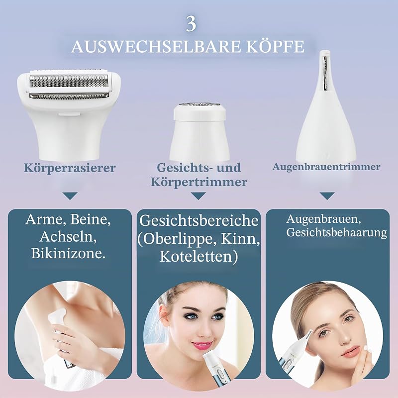 3-in-1 Elektrorasierer für Damen, elektrischer Rasierer für Frauen, schmerzfrei, tragbar, wiederaufladbar, für Gesicht, Arm, Bein, Achselhöhle und Bikini, Haarentfernungs-Trimmer QR-8082