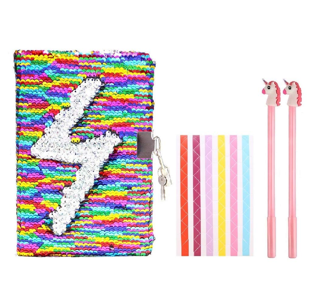 Fanovo Sequin Notebook, Unicorn Journal, Mermaid Reversible Sequin Diary with Lock and Key, Size A5 (8.5” x 5.5”) , + 1 Sheet Photo Corner + 2 Pens (Rainbow-with Lock)