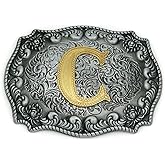 HUABOLA CALYN Western Belt Buckle Initial Letters ABCDEFG to Y-Cowboy Rodeo Silver Large Belt Buckle for Men Women