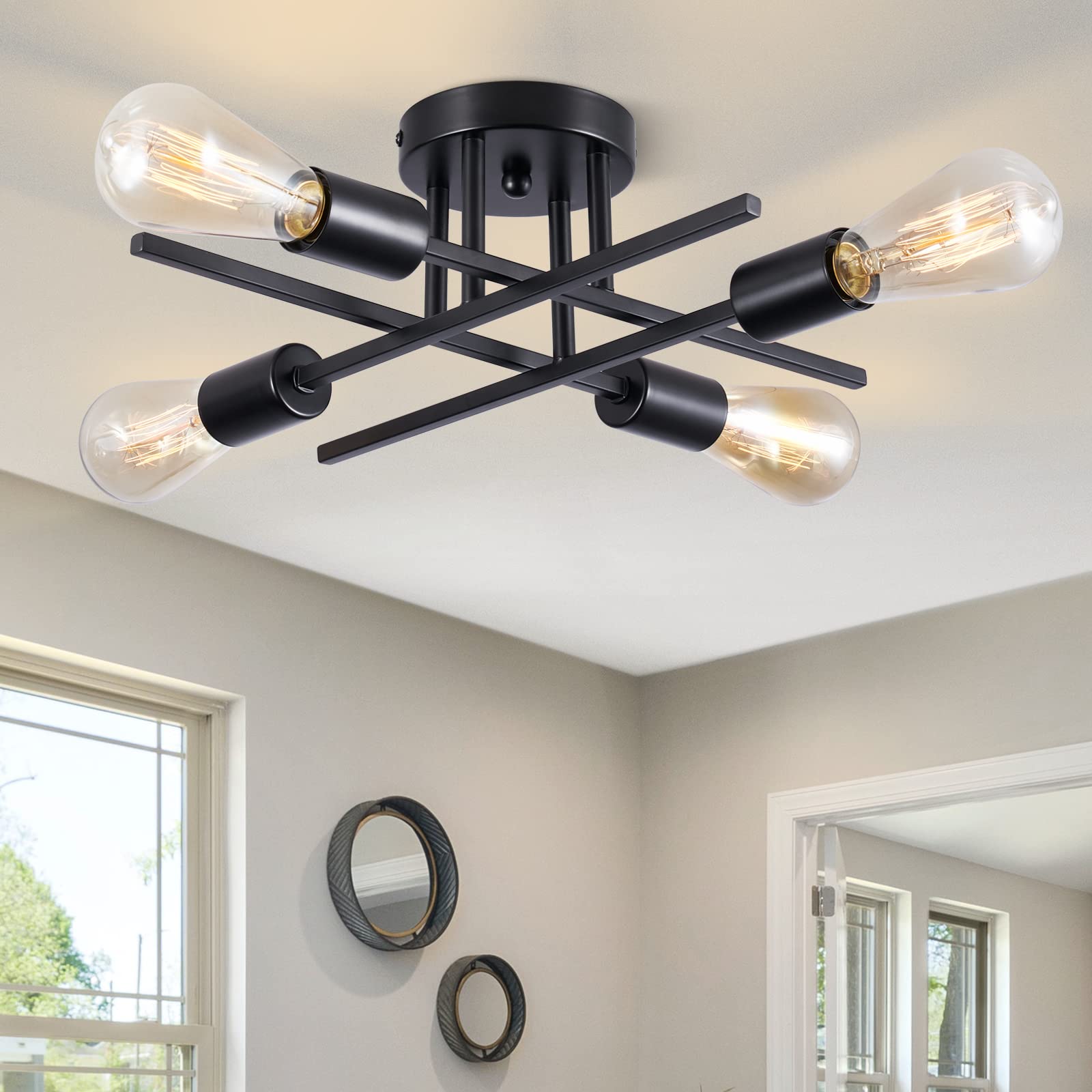 Photo 1 of **It's used, it's missing a part, and it's unknown if it works 100%.*** Sputnik Chandeliers, Modern Semi Flush Mount Ceiling Light with E26 Base, Mid Century Industrial Kitchen Farmhouse Light Fixtures for Bedroom Living Room (Black, Ceiling 4 Lights)