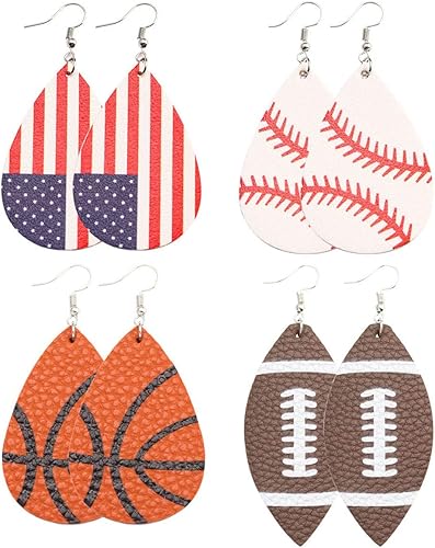 Baseball Leather Earrings for Women Lightweight Faux Leather Earrings Teardrop Ball Leather Dangle Earrings 4 Pairs