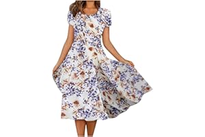 HUNENY Midi Dress for Women 2024 Summer Casual Floral Short Sleeve Smocked Midi Dresses Boho V Neck Beach Sun Dresses