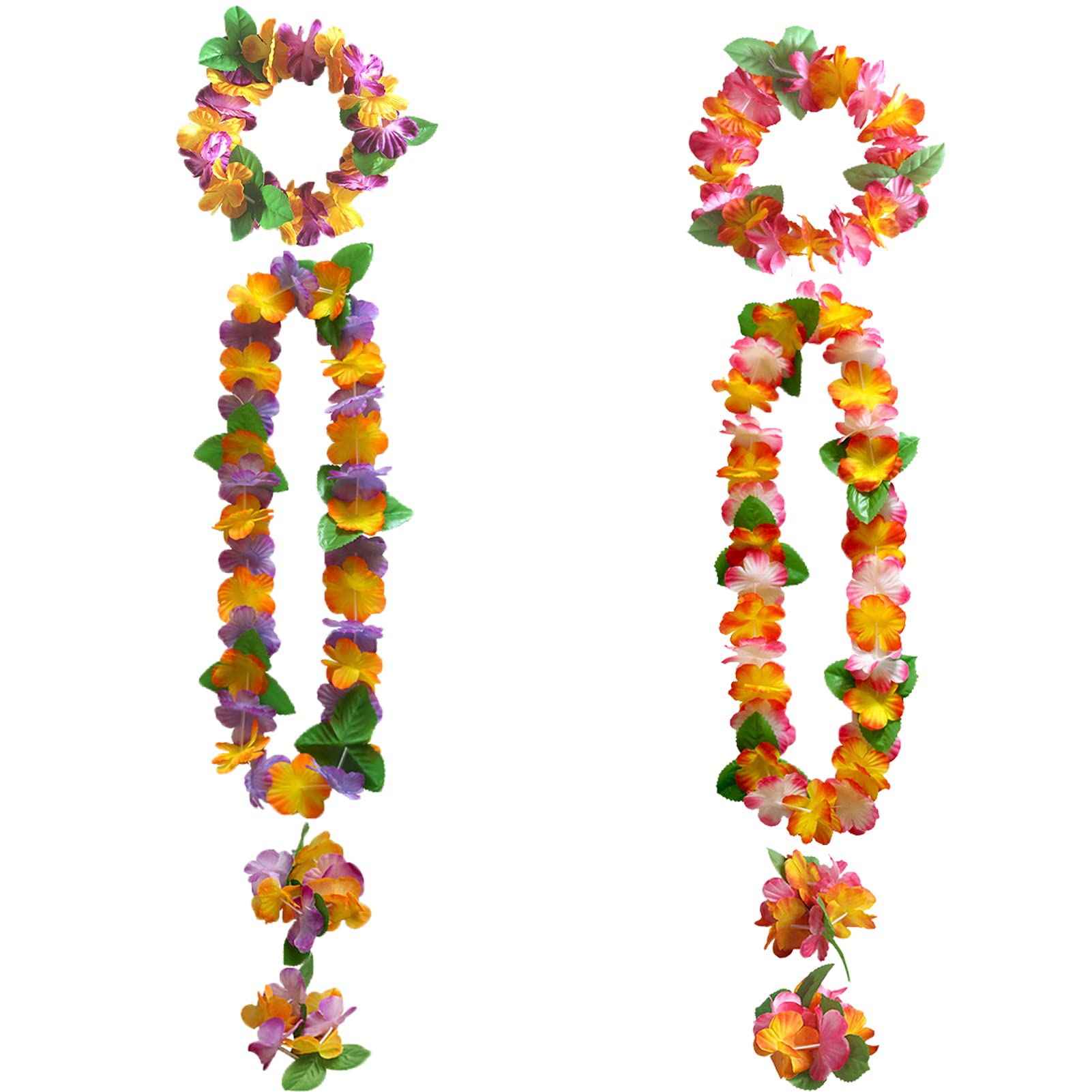 8pcs Hawaiian Leis Party Decorations, Tropical Necklace Bracelets Headbands Hawaii Luau Floral Necklace Lei Garland Ruffled Flower Leia Beach Party Fancy Dress for Women Kids