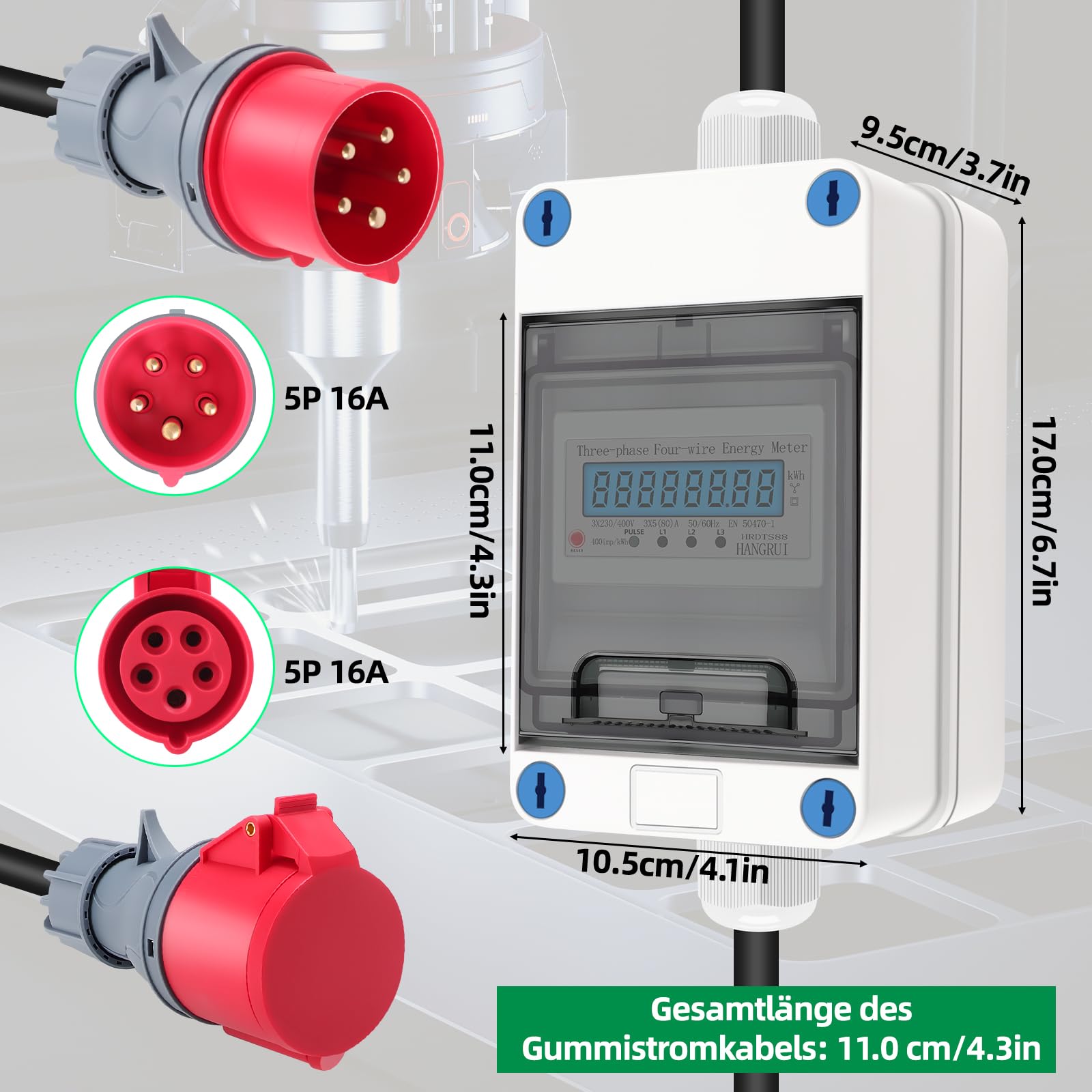3 Phasen Mobiler Stromzähler, 16A 400V Mobiler Digitaler Stromzähler Mit CEE Stecker und Kupplung, Mobiler Digitalzähler Mit Mit Rückstellfunktion, 2m Kabel, IP68 Steckdosenadapter Zähler 2