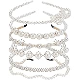 Tomolucky Direct 6PCS Pearl Headband Rhinestones Hairbands White Bridal Hair Hoop Sparkly Beaded Cute Wedding Headband Hair Accessories for Women Flower Girl