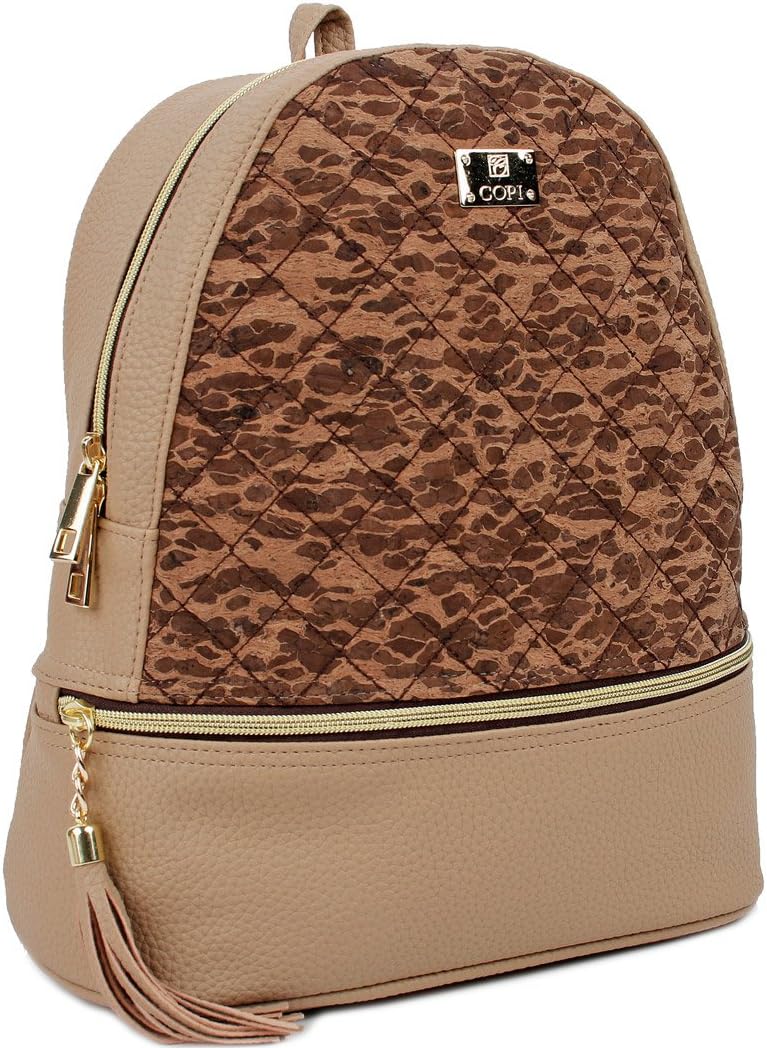 Copi Women's Simple Design Cork Leather Fashion Quilting Backpacks Beige Brown
