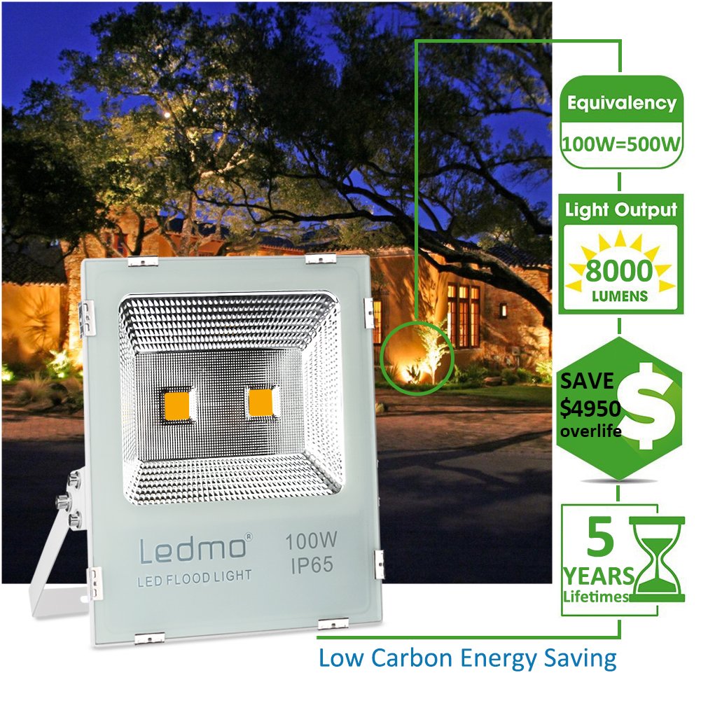 LEDMO 100W LED Flood Light Outdoor, NEW VERSION 500W Equivalent Waterproof IP65 85-265v Instant On UL and DLC 8000Lm, 3000K, Outdoor Floodlight for Garage, Garden, Lawn and Yard