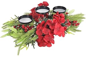 LemonRoad Christmas Table Centerpiece with 3 Candle Holders, 24 Inch Artificial Hydrangea Xmas Candelabrum Decor, with Pine Needles, Berries and Pine Cones for Dining Table Fireplace Tabletop Mantel