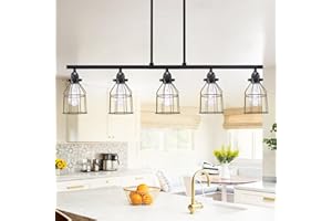 XIDING Island Lights for Kitchen Dining Room Light Fixtures Over Table Ceiling Hanging Chandeliers Suspension Angle Height Adjustable with Metal Guard Cage for Living Room Hallway 5 Lights Black