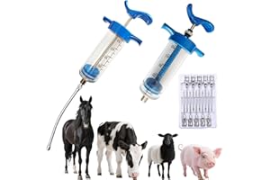 REUVIBK 2Pcs 50ML Drencher Medicine, Reusable Adjustable Drench Gun Goat Syringe with Drench Gun Nozzle 10 Needles, for, Cattle, Sheep, Horse, Pig, Large Animal Feeding Syringe