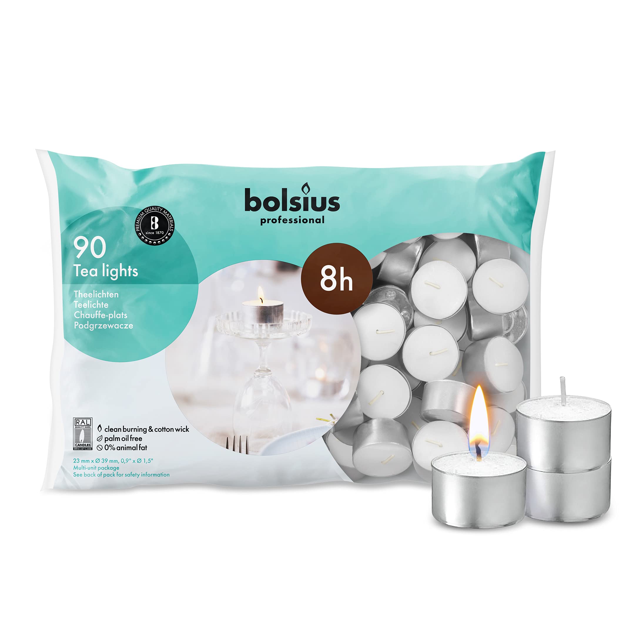 Bolsius Professional Tealights (Pack of 90), White, 8-Hour Burn Time, Cotton Wick, 0% Animal Fat, Clean No-Smoke Burning, Restaurant Café Dining Tea Lights, DJ759