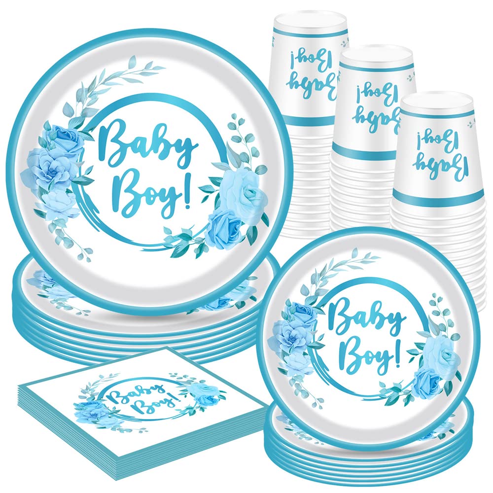 Baby Shower Boy Decorations 16 Pack Blue Floral Paper Plates, Napkins, Cups for Gender Reveal Party Supplies