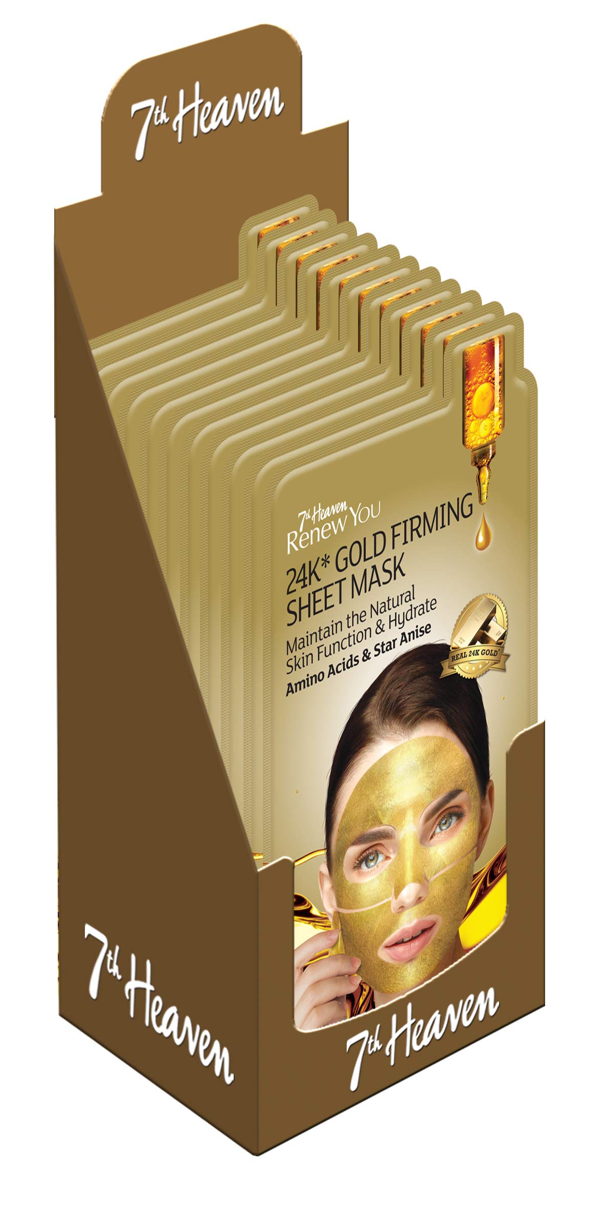 7th Heaven Renew You 24K Gold Firming Sheet Mask with Amino Acids and Star Anise to Maintain and Hydrate Skin - Ideal for All Skin Types (Pack of 12)