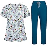 Yodilala Printed Scrubs for Women Nurse uniforms Medical Proffesional V NeckShort Sleeve Stretch Nursing Scrubs SetUniform