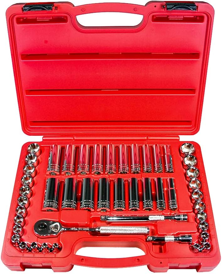 K Tool International 22047 Socket Set with 3/8" Drive for Garages, Repair Shops and DIY, Metric, SAE, 6-Point, Heat-Treated, Chrome Vanadium Steel, Molded Case, Pro-Ratchet, (2) Extensions, 47 Piece