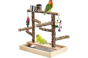 BNOSDM Natural Wood Bird Playground for Training & Playing, Parrot Perch Stand Jungle Gym with Detachable Tray & Stainless Feeder Cups Parakeet Cage Playstand for Budgie, Cockatiel, African Grey