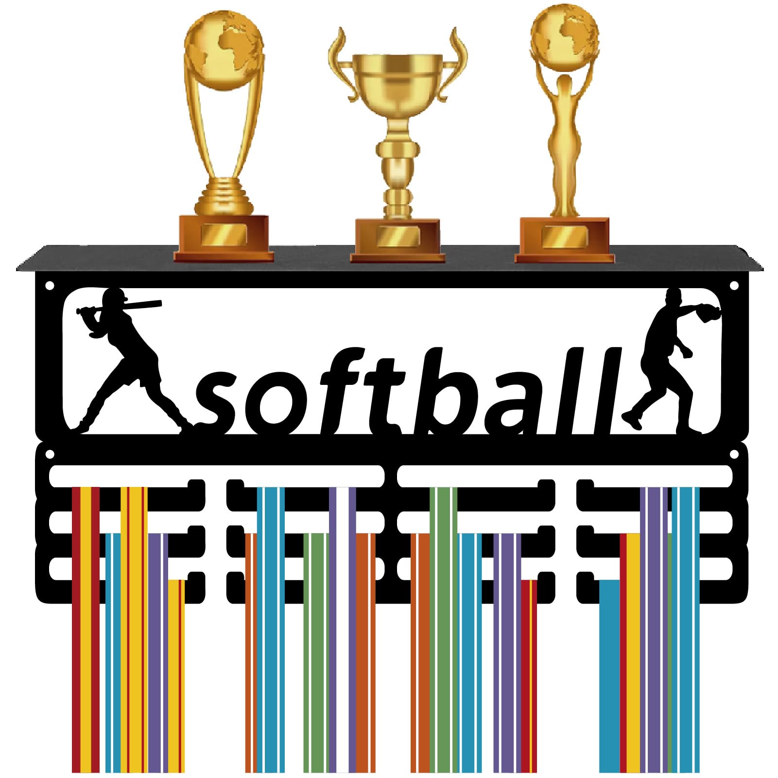 CREATCABIN Softball Medal Holder Trophy Shelf Medal Hanger Display with Shelf Stand Sports 4 Rows Wall Mount Hold 70+ Medals for Men Women Softball Soccer Running Swimming Awards Rack 15.7 x 7.9 Inch