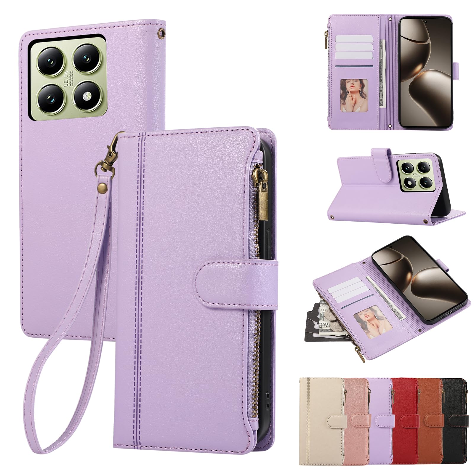 Rosbtib Case for Xiaomi 14T Pro 2024 6.67 Inch Leather Case Zip Magnetic Closure Wallet Case with 4 Card Slots Stand Function Retro Cover Xiaomi 14T Pro, Purple