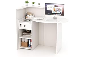 SILKYDRY Reception Desk, Small Retail Checkout Counter with Lockable Drawer and Open Shelves, Wooden Front Desk Reception Counter, Oval Desktop & L Counter for Store Office Lobby Salon (White)
