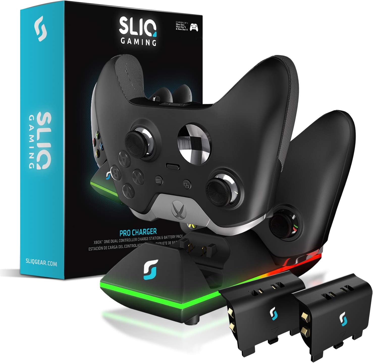 Sliq Xbox One/One X/One S Controller Charger Station and Battery Pack - Fits Two Wireless Game Pads, Includes 2 Rechargeable Batteries - Also Compatible with Elite and PC Versions