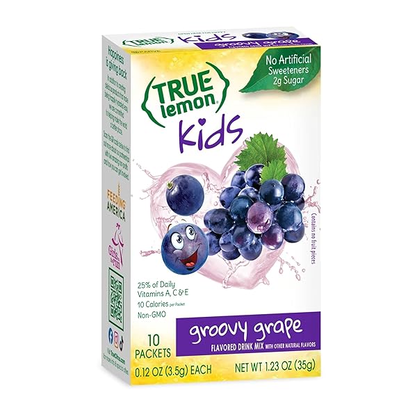 TRUE LEMON KIDS GROOVY GRAPE (10 PACKETS) FOR HYDRATION – NO PRESERVATIVES, NO ARTIFICIAL FLAVORS, NO ARTIFICIAL SWEETENERS – LOW SUGAR WATER FLAVORING – POWDERED DRINK MIX FOR KIDS