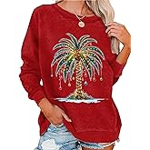 LLHXRUI Christmas Palm Tree Sweatshirt Women Casual Hawaiian Christmas Shirt Long Sleeve Tropical Beach Christmas Clothes Top