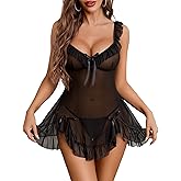 Avidlove Sexy Bow Split Side Ruffle Mesh Babydoll Lingerie Dress with Thong 2 Piece