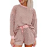 Tankaneo Womens 2 Piece Outfits Oversized Long Sleeve Checkered Plaid Tops Elastic Waist Shorts 2026 Pajama Sets Loungewear