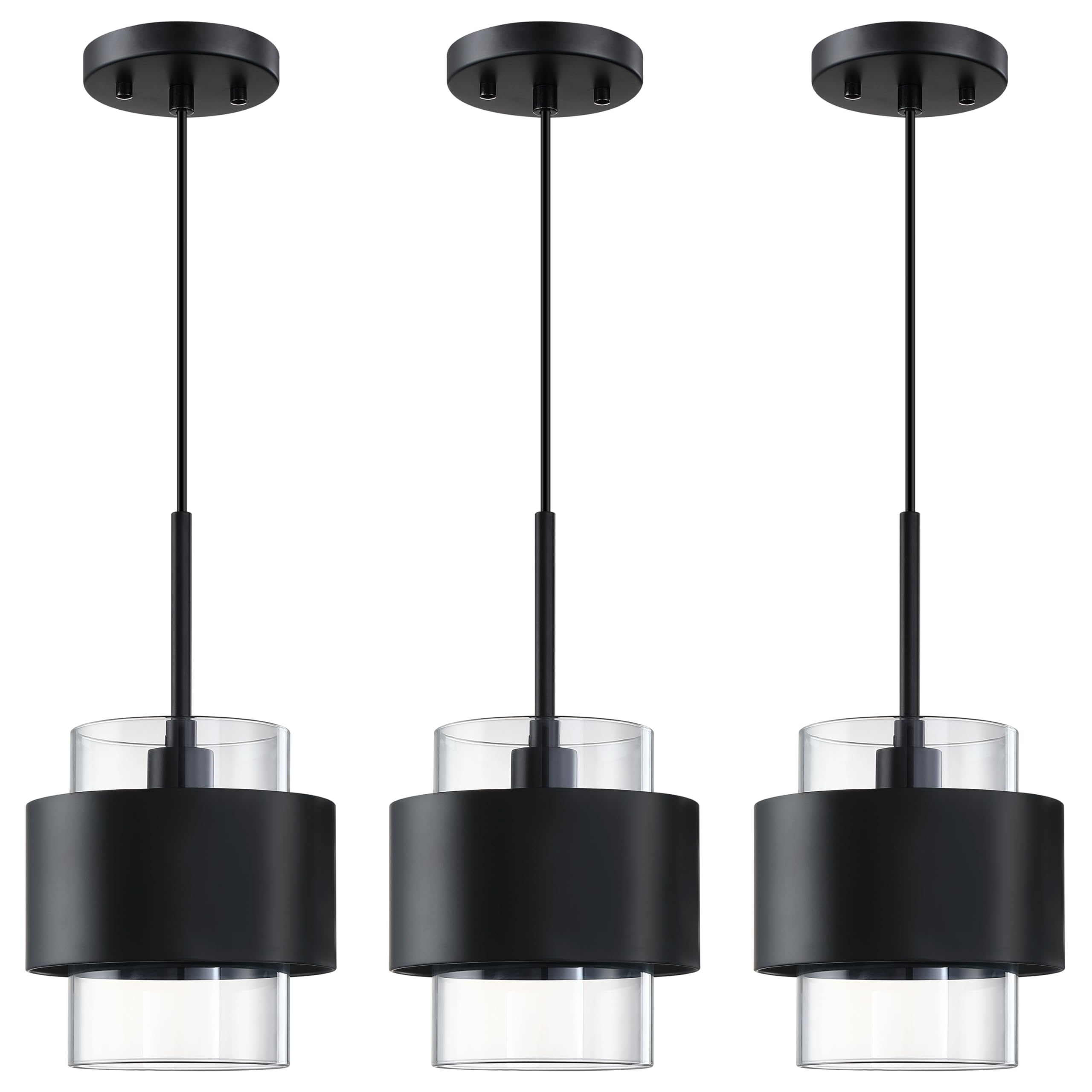 Photo 1 of CJY CHENJINYAN 3 Pack 1 Light Hanging Indoor Kitchen Island Pendant Ceiling Light 6" Drum Clear Glass Fixture,Black Finish Modern Farmhouse Dinning Room Over Sink
