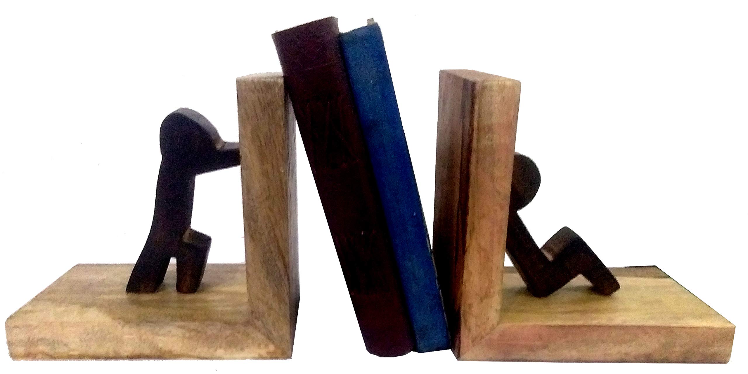 Purpledip Wooden Bookends Stand Holder Bookshelf Organizer 'Teamwork': Unique Decor Gift for Book Lovers (11963)