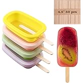 Sakolla 4 Pcs Silicone Popsicle Molds with Lid &amp; 50 Pcs Wooden Popsicle Sticks, Stackable Classic Oval Ice Cream Molds for Homemade Ice Pop, Cakesicles, Freezer Yogurt and Fruit Juice (Multicolor)