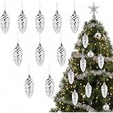 Housoutil Christmas Pine Cones Pendant, 10pcs Silver Pinecone Hanging Decors, Xmas Tree Pendants for DIY Crafts Home Seasonal Holiday Wedding Party
