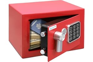 SereneLife Premium Steel Digital Safe Box - 9.1" x 6.7" x 6.7" | Secure Storage for Cash, Firearms & Jewelry | Great For Hotels, Cabinets & Home Use | Electronic & Mechanical Access | 2 Keys | Red