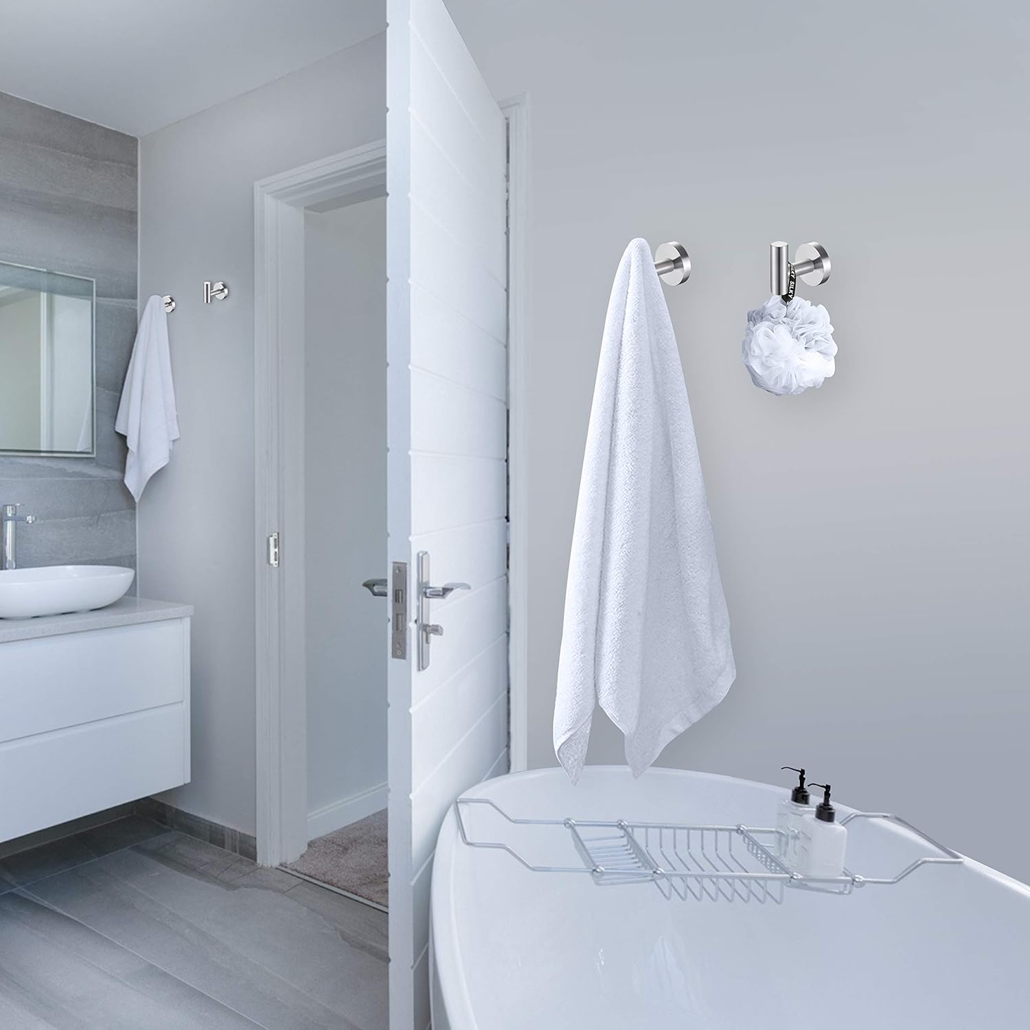 2 Pcs Bathroom Towel Hooks, Coat/Robe Clothes Hooks, SUS 304 Stainless Steel Wall Hook Heavy Duty for Bedroom, Kitchen, Restroom, Bathroom, Hotel, Brushed Nickel and Wall Mounted - - 