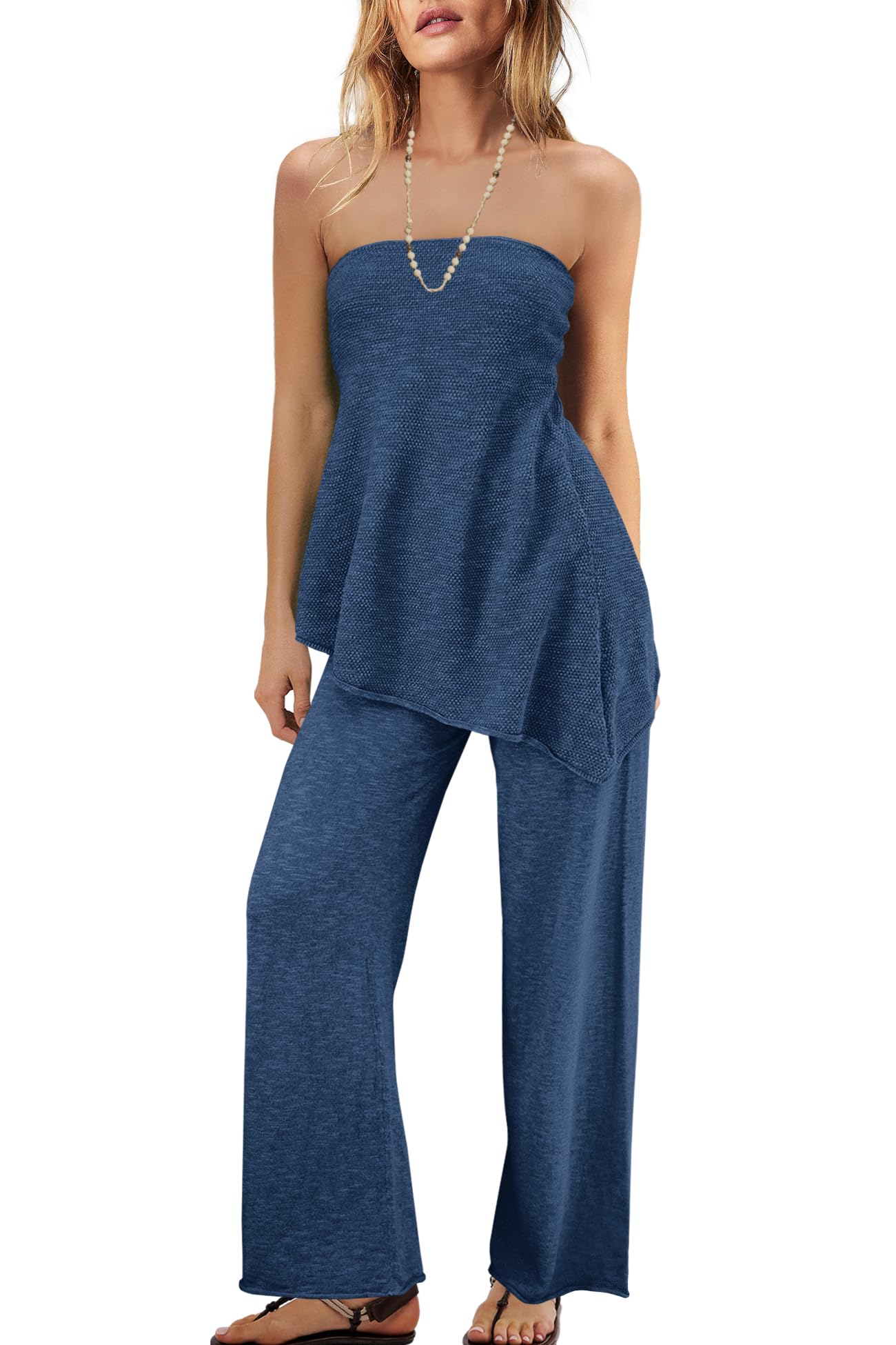 Photo 1 of **MAJOR DAMAGE**
Panadila Womens Off Shoulder Sweater Set 2 Piece Outfits Summer Vacation Knit Matching Lounge Set Tube Top and Pants Set(Navy Blue,L)