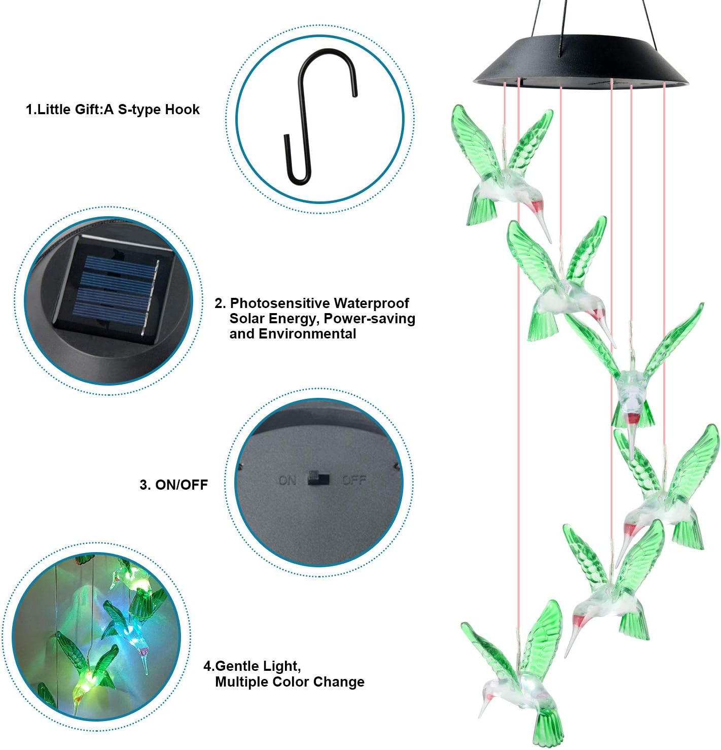 JOBOSI Hummingbird Wind Chimes Solar Wind Chimes Glow Wind Chimes Outdoor Indoor Decor Gifts for mom Hummingbird Gifts mom Gifts Thanksgiving Gift Grandma GiftsS Hook Wind Chimes Sympathy Wind Chimes : Garden & Outdoor