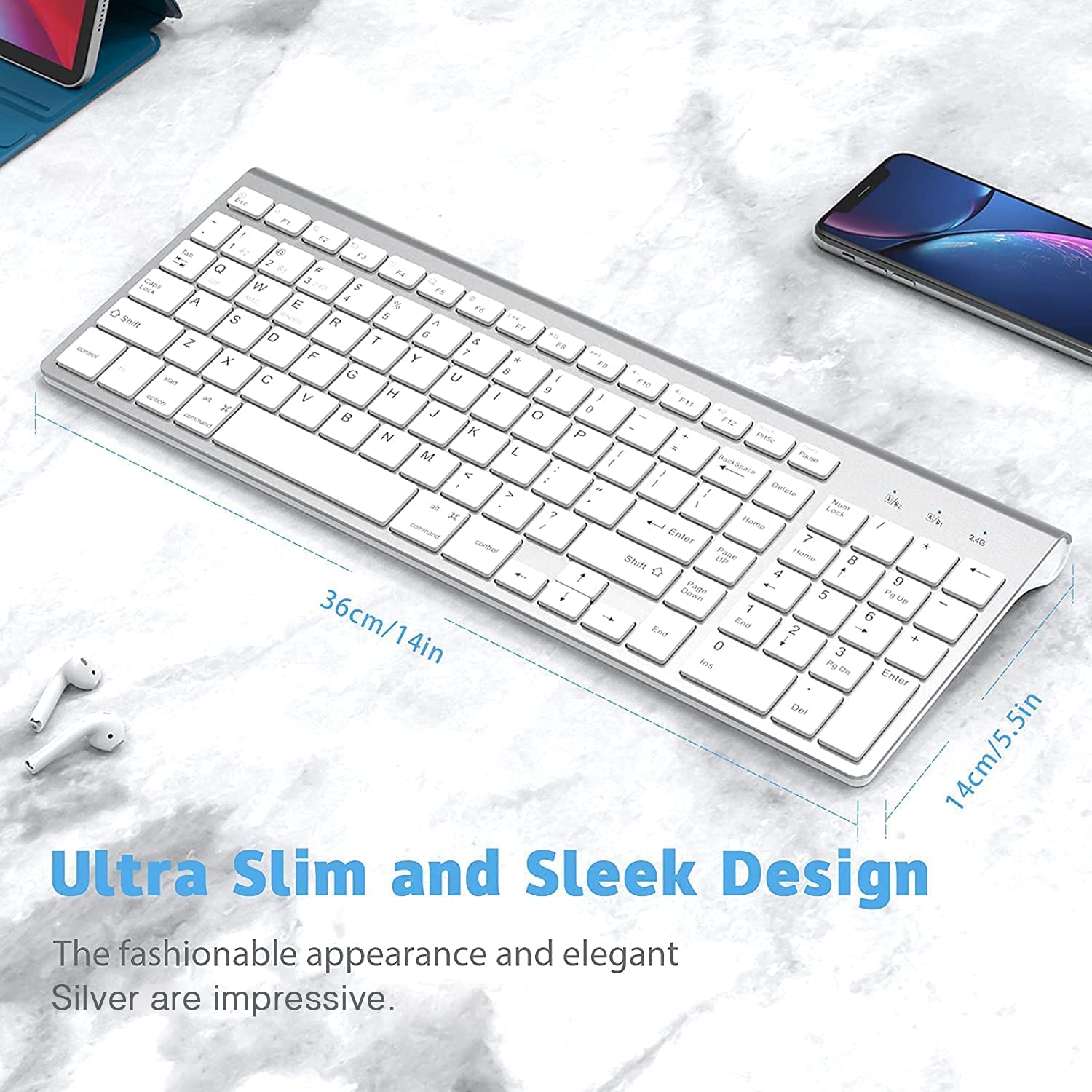 JOYACCESS Bluetooth Keyboard with Number Pad, Multi-Device Wireless Keyboard Compatible with iMac, Mac, MacBook Air/Pro, Laptop, Android, Windows - Silver
