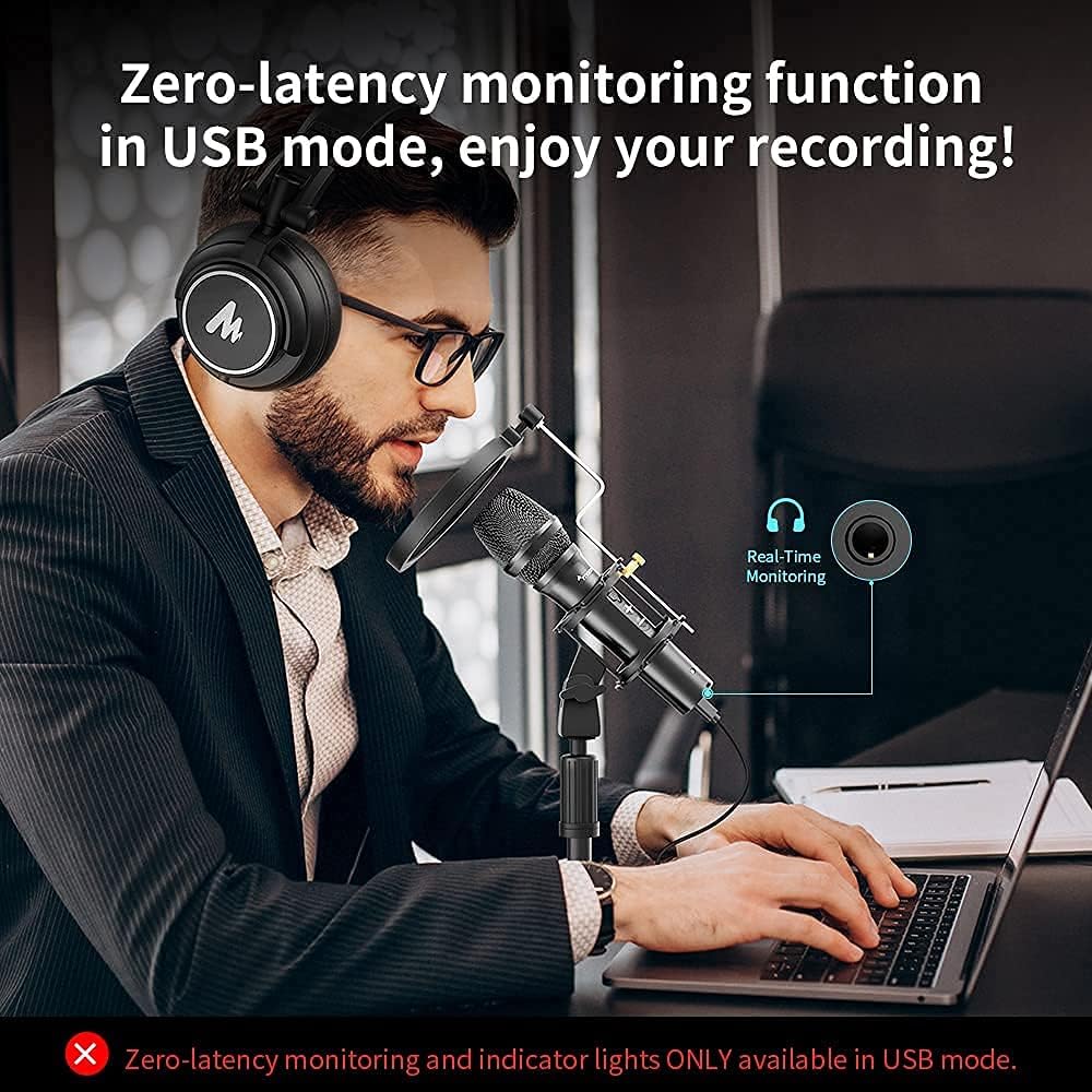 USB/XLR Cardioid Dynamic Microphone, MAONO Metal Professional Zero-latency Monitoring Mic with Volume Control for PC, Audio interface, Idea for Home Studio, Vocal, Podcast, Singing, Streaming (HD300T): Musical Instruments