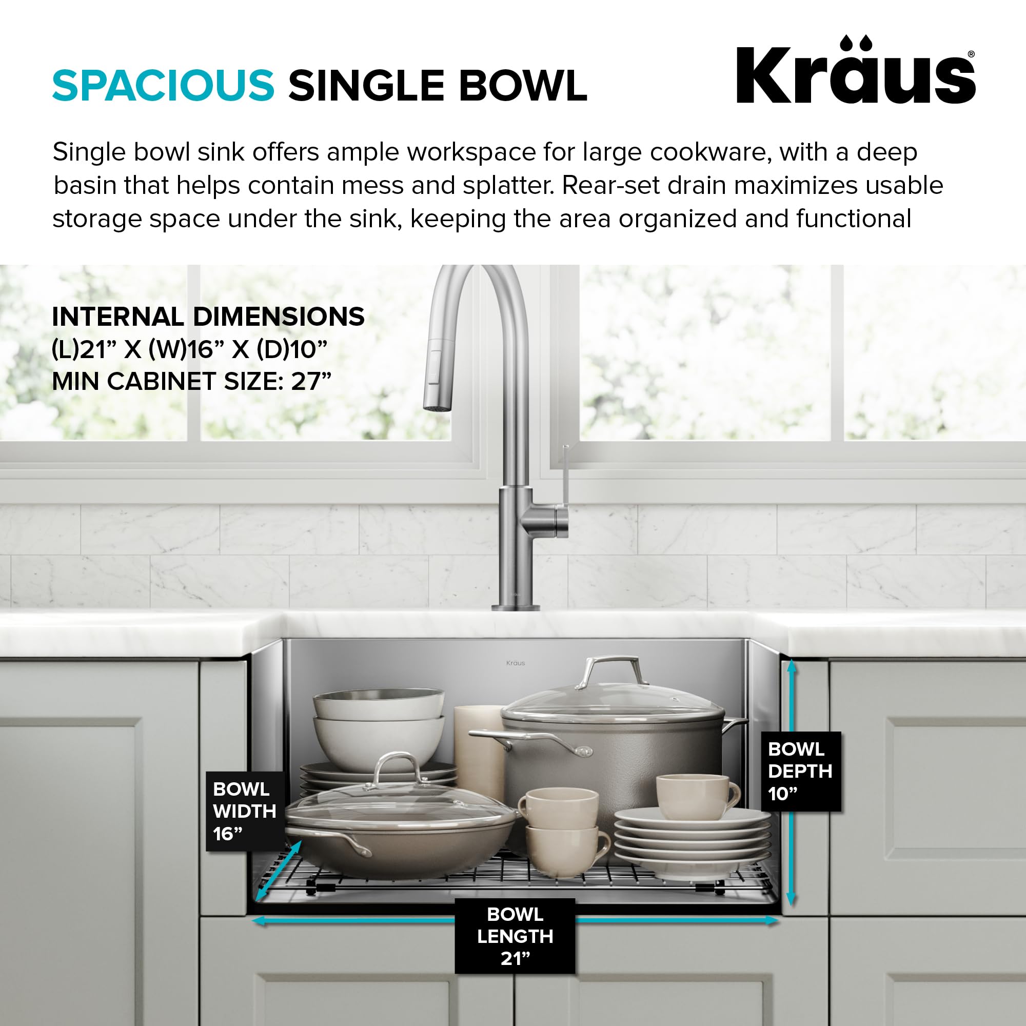 KRAUS Standard PRO 23-Inch 16 Gauge Undermount Single Bowl Stainless Steel Kitchen Sink, KHU101-23