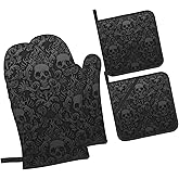 Gothic Skull Flower Black 4pcs Oven Mitts and Pot Holders Sets,Halloween Heat Resistant Non Slip Kitchen Gloves Hot Pads with Inner Cotton Layer for Cooking BBQ Baking Grilling